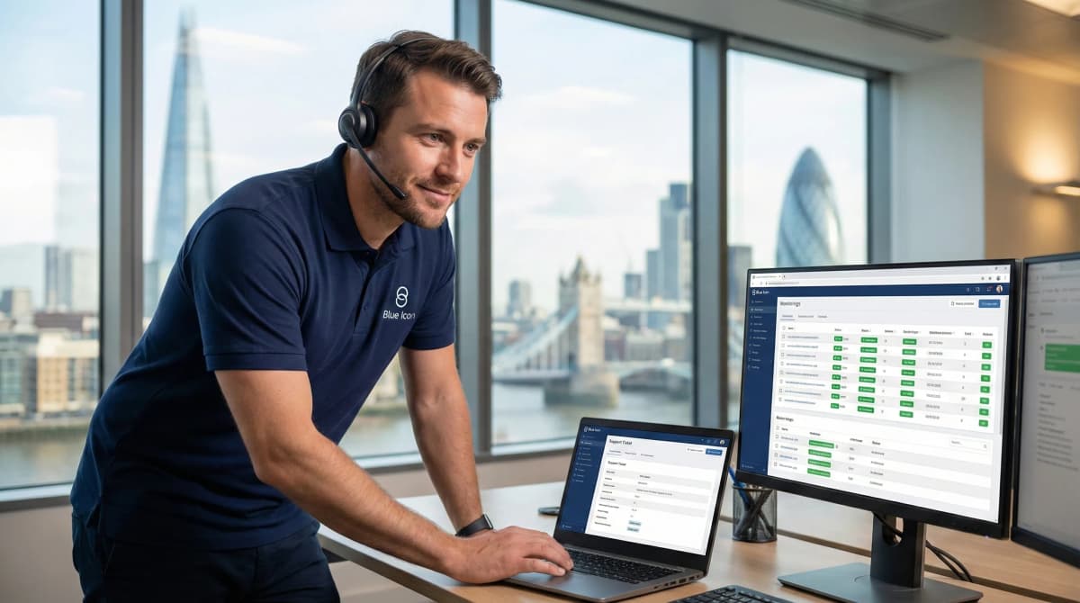 Professional IT support technician helping a business user with technical issues in a modern London office