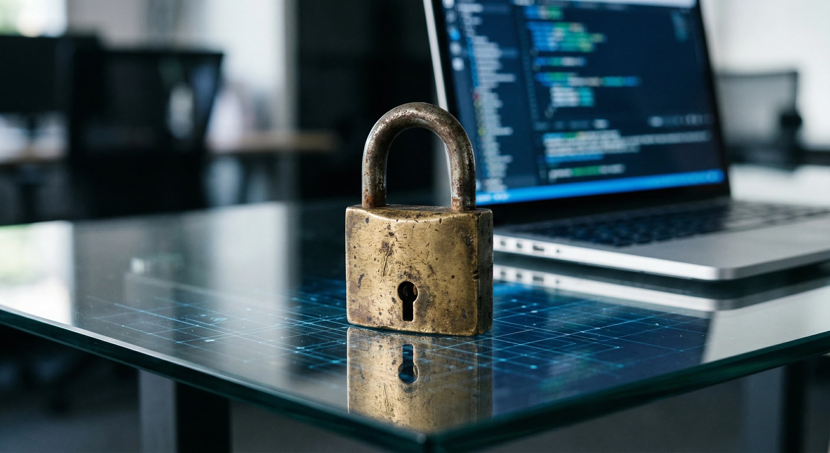 A brass padlock on a glass desk with a laptop showing code in the background, representing foundational cybersecurity