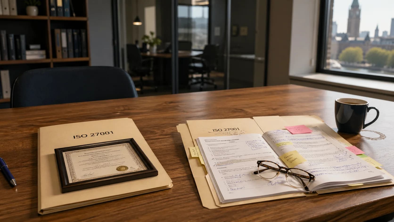 A framed ISO 27001 certificate on a London office wall next to an open invoice, representing the gap between certification cost and real security value