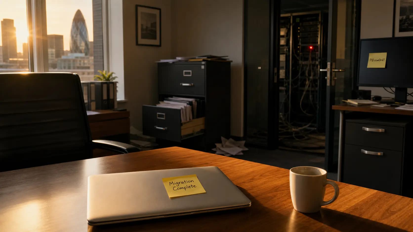 A finished Microsoft 365 migration project plan marked complete on a London office desk, with a tenant admin console open behind it showing unconfigured security controls