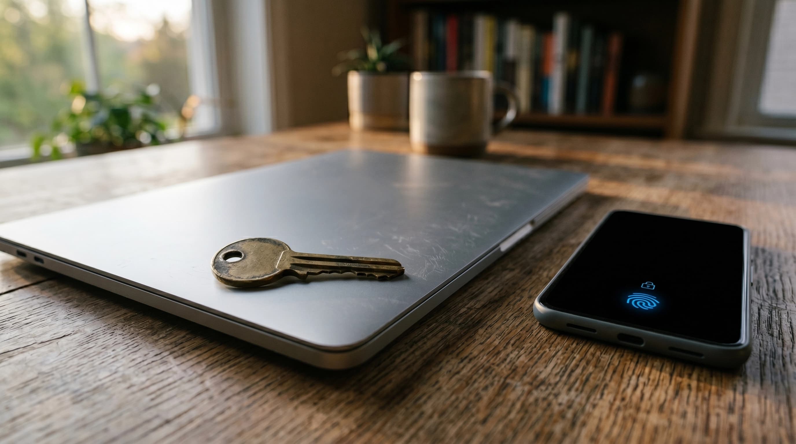 A silver key dissolving into pixels beside a smartphone showing a biometric prompt, representing the shift from passwords to passkeys