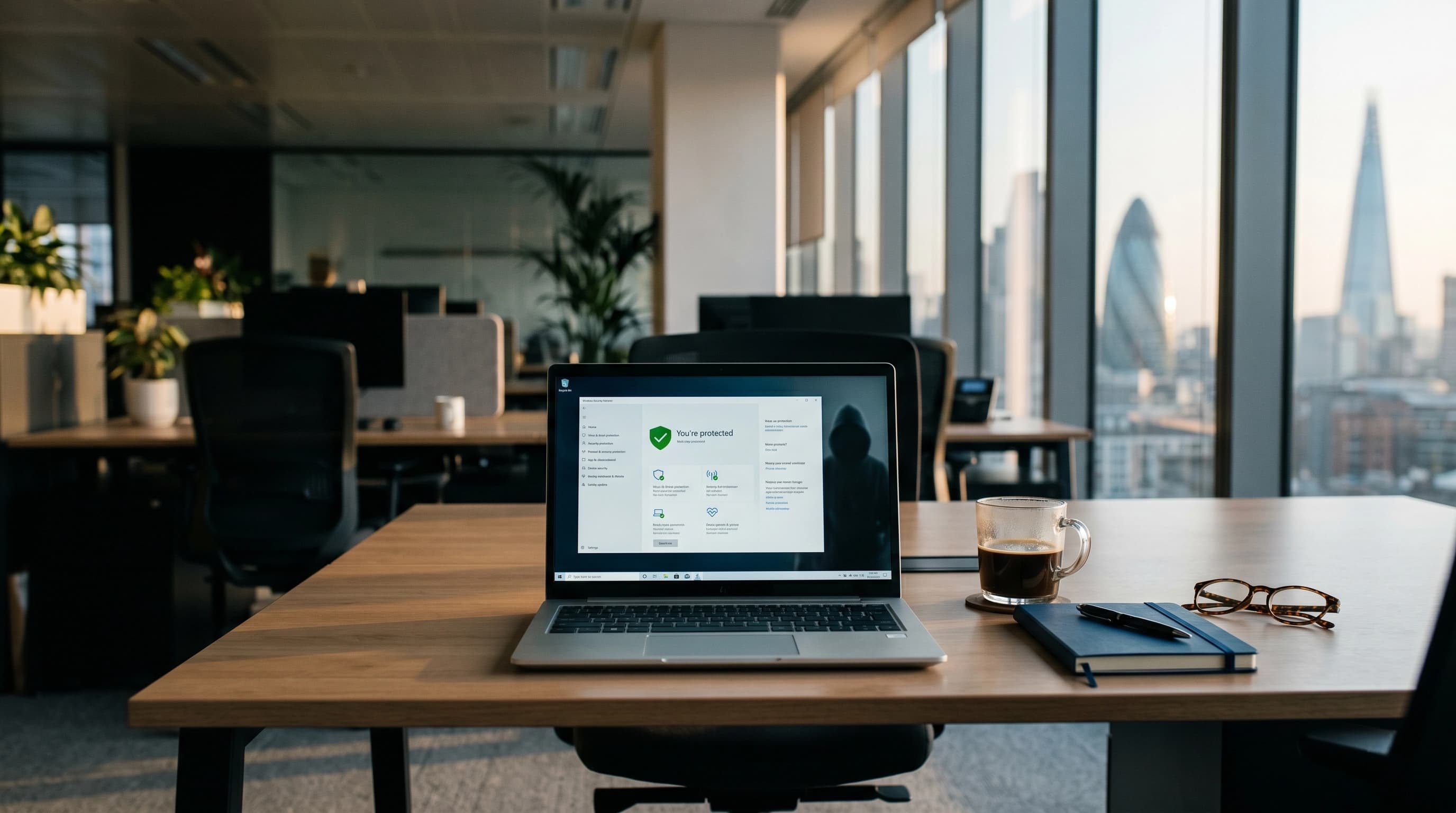 A laptop screen showing a green security tick while a shadowed silhouette reaches over the keyboard, representing a compromised network that still appears healthy