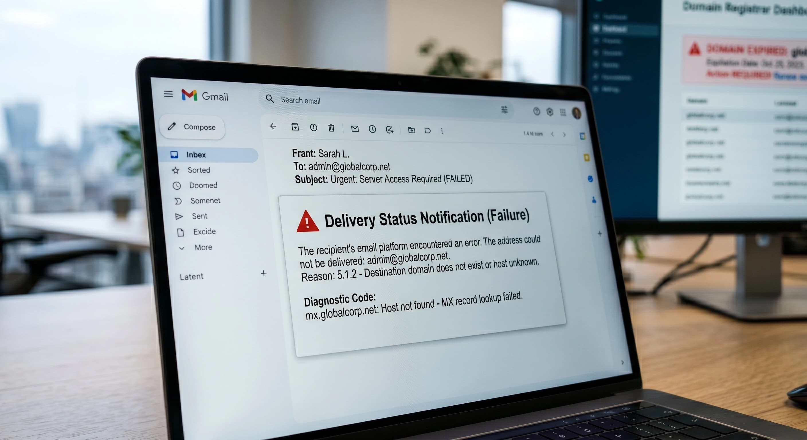 Laptop screen showing a bouncing email error on an expired domain, representing the hidden reputational cost of break-fix IT