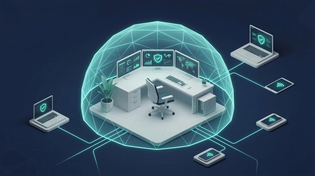 Secure IT workspace with connected devices protected by a security shield