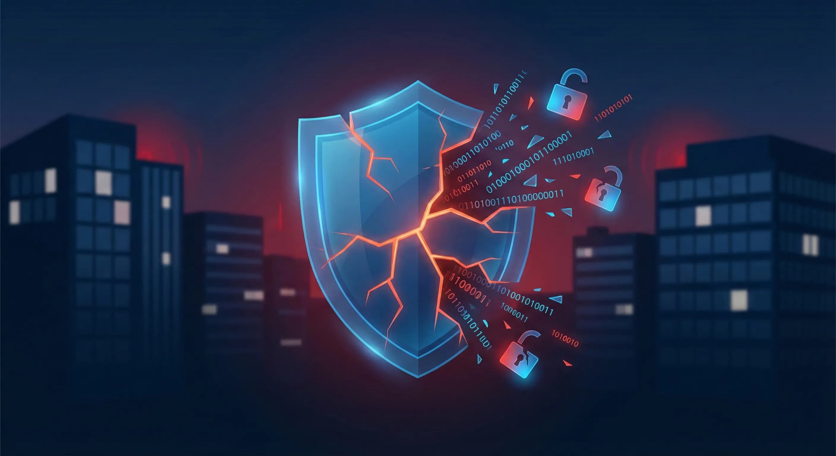 A digital shield cracking, representing the cybersecurity challenges and breaches of 2025