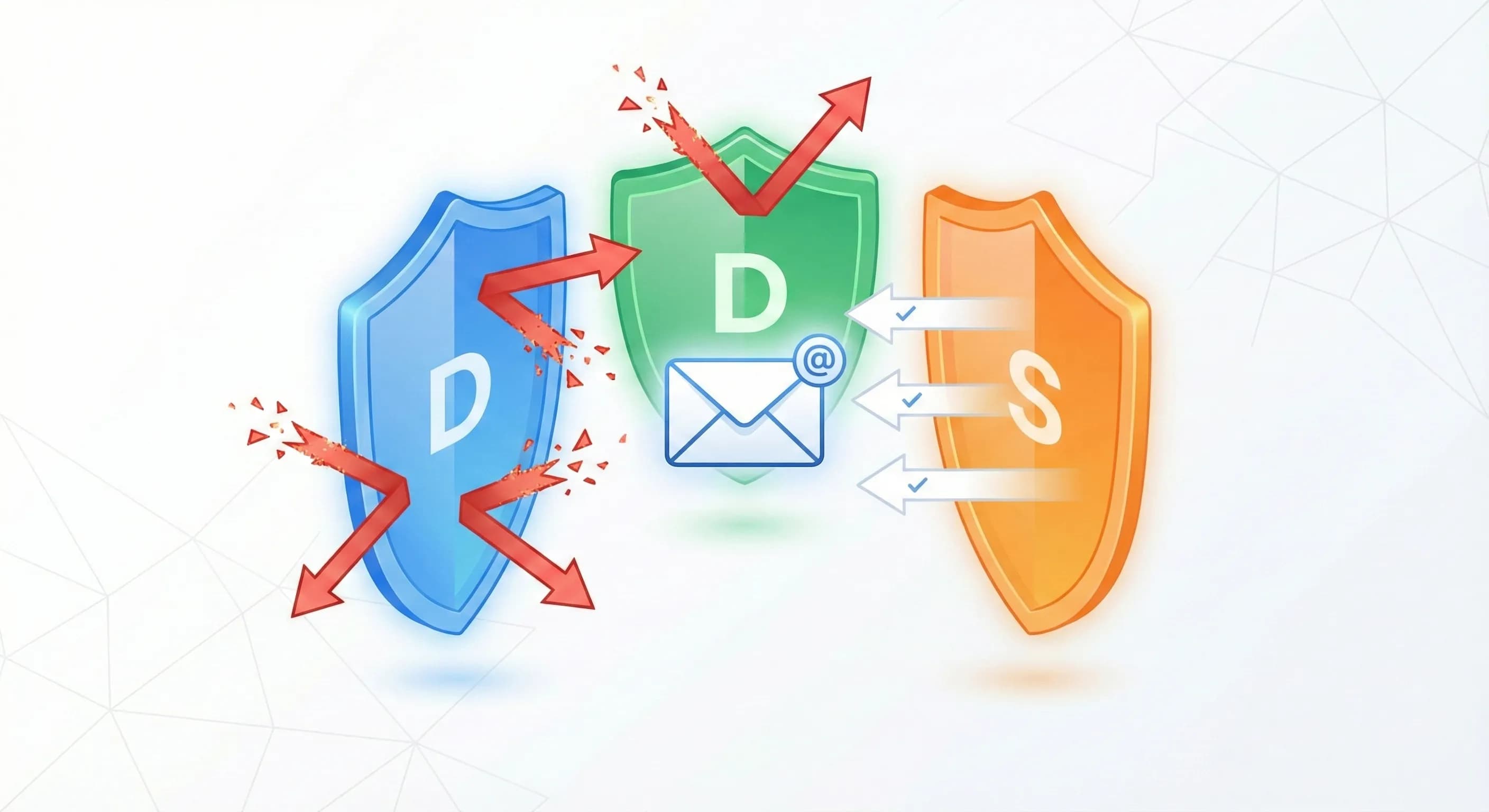 Three stylised shields representing DMARC, DKIM, and SPF email security protocols
