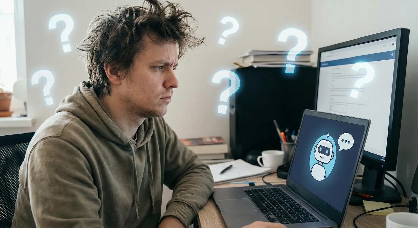 Confused office worker looking at AI chatbot on laptop screen with question marks floating around, illustrating the AI skills gap in the workplace