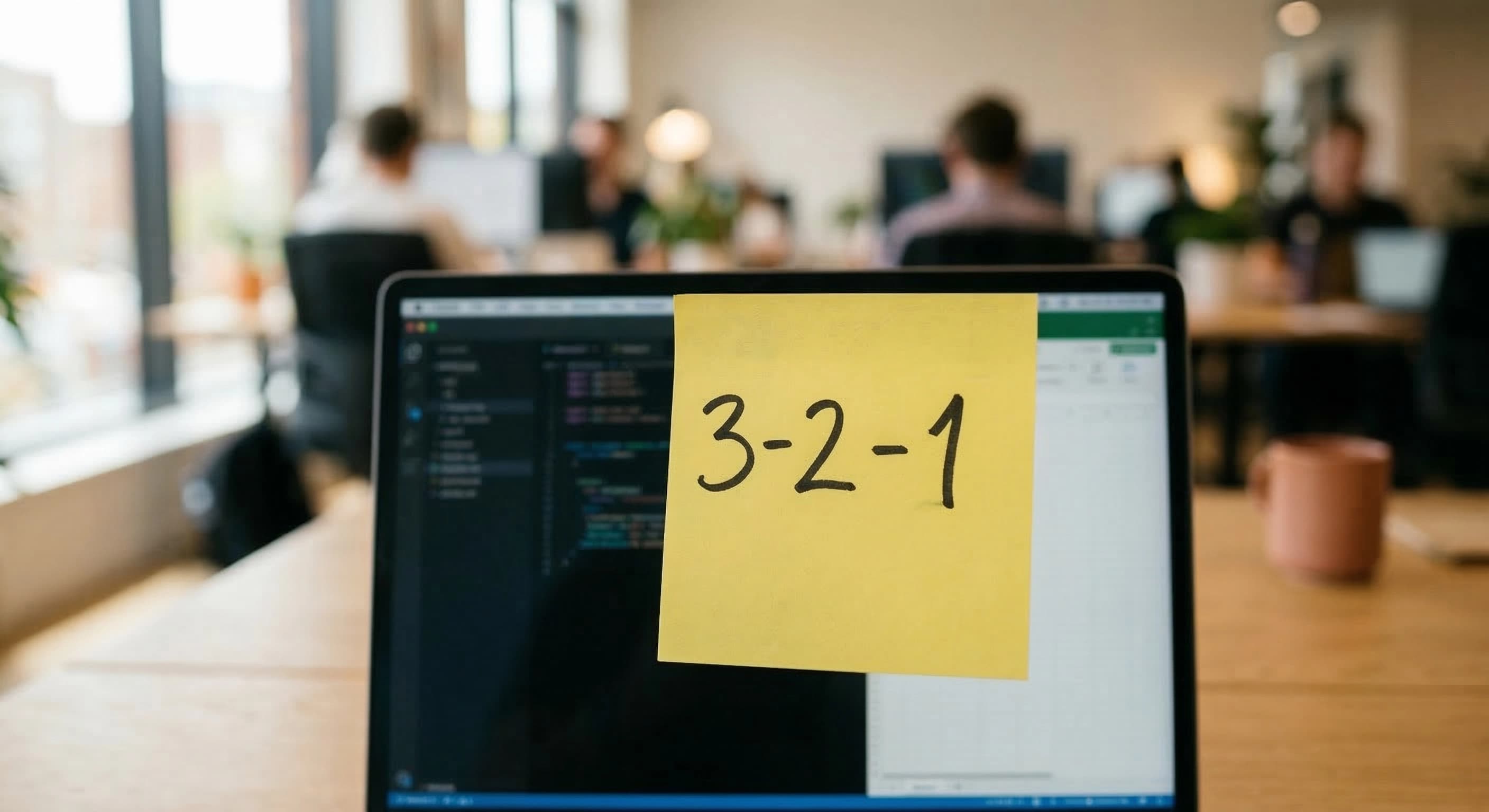 A yellow Post-it note representing the simple 3-2-1 backup rule every business needs to know