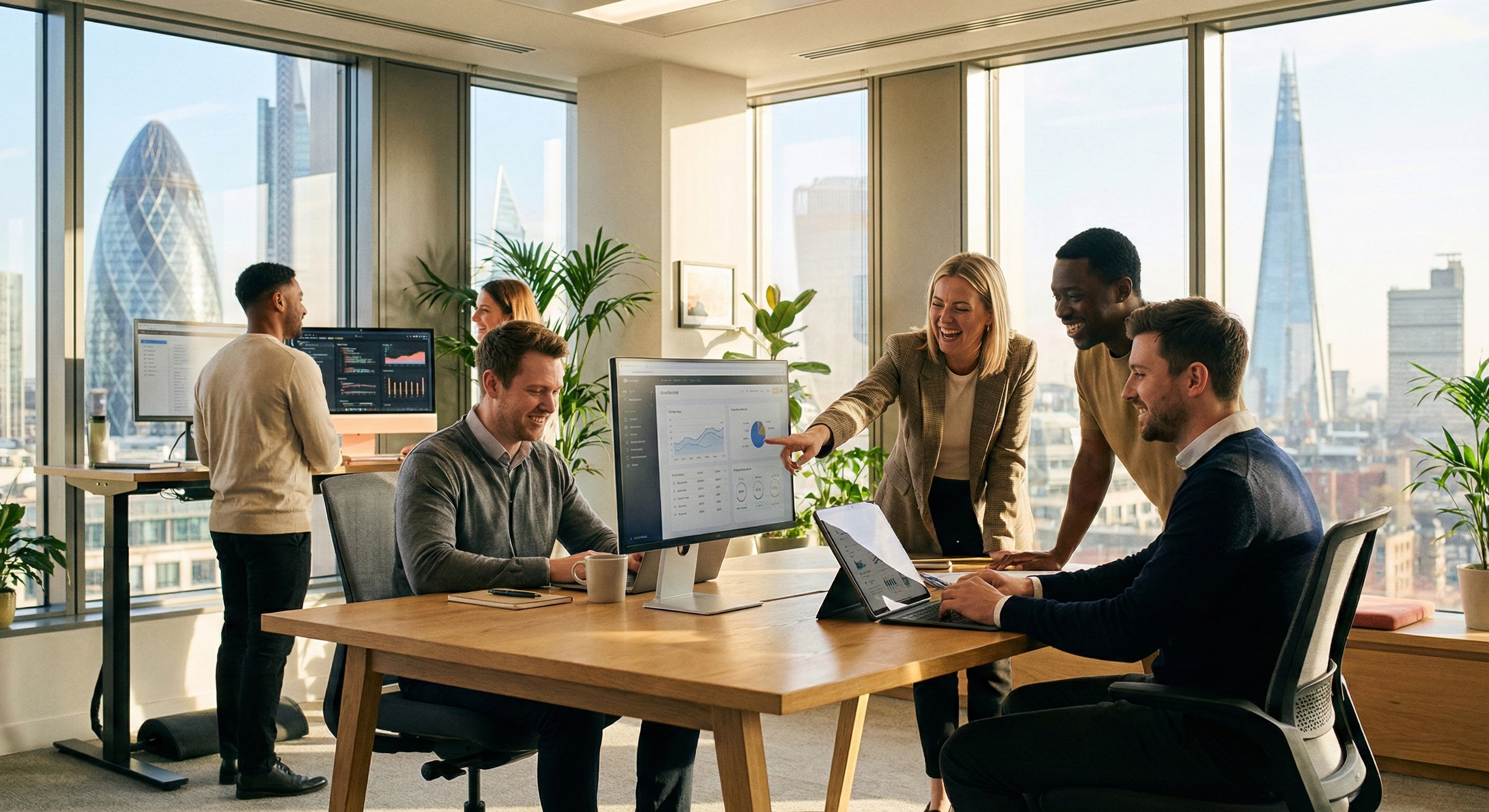 A small London business team working confidently at their desks with managed IT services supporting their technology