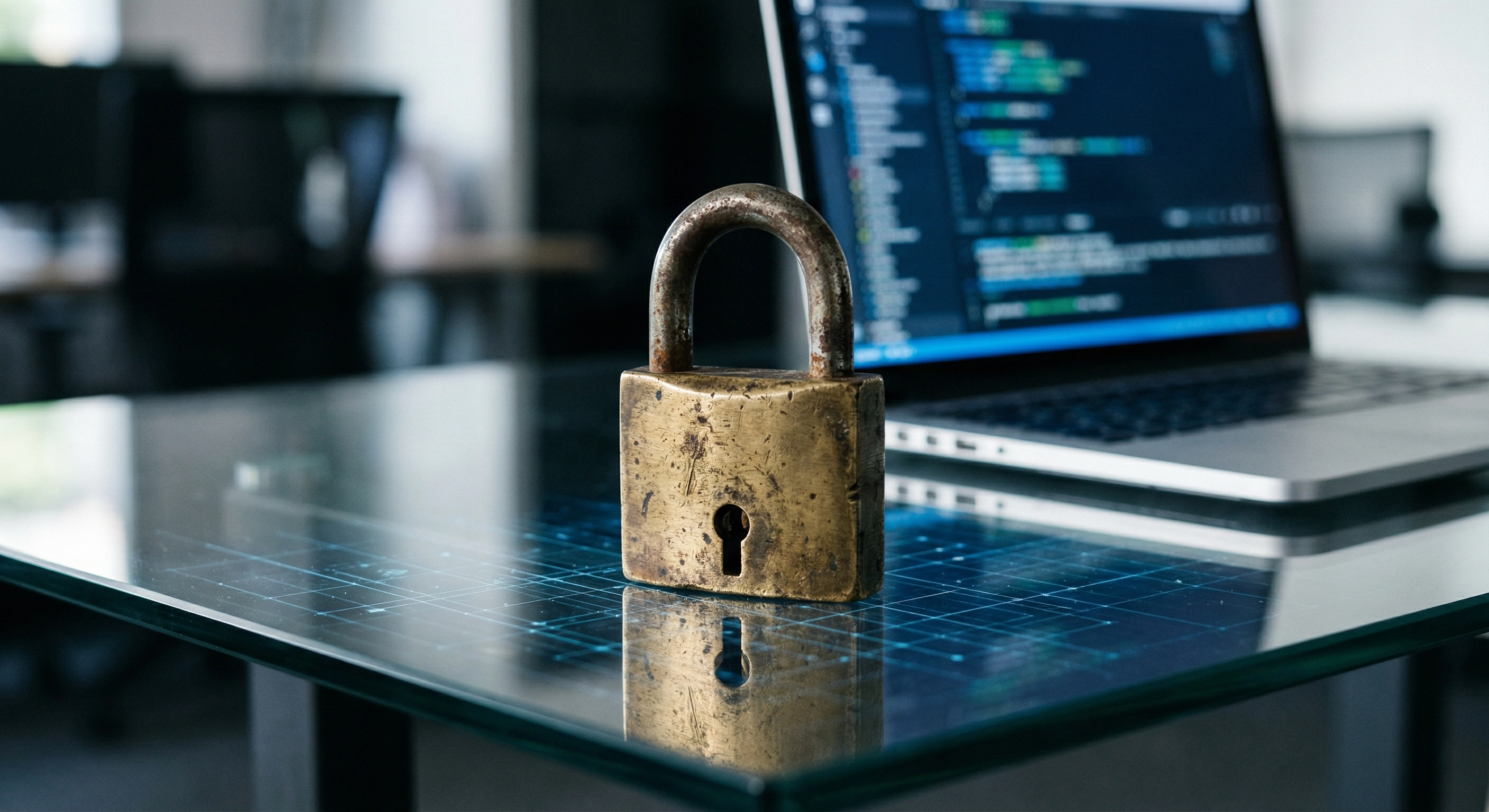 A brass padlock on a glass desk with a laptop showing code in the background, representing foundational cybersecurity