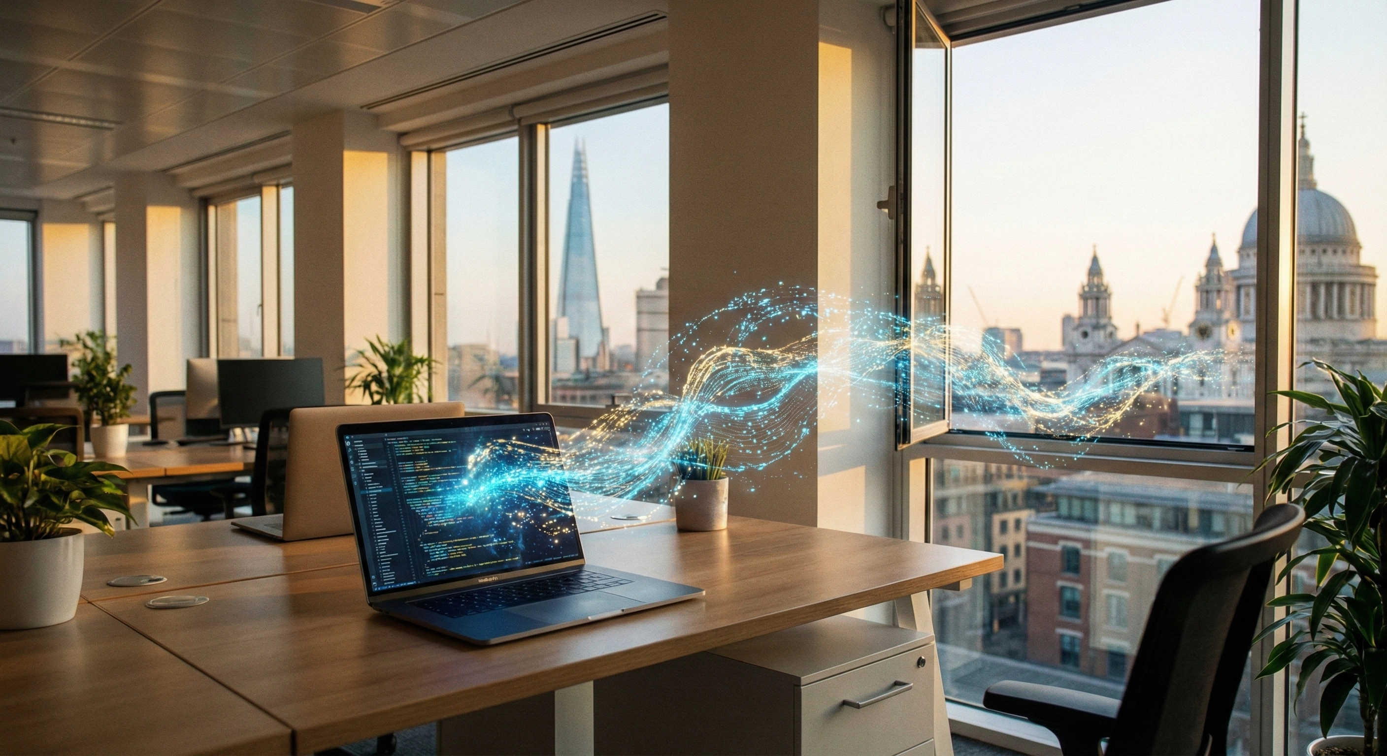 London office with laptop displaying AI security concept showing data flows and protection layers
