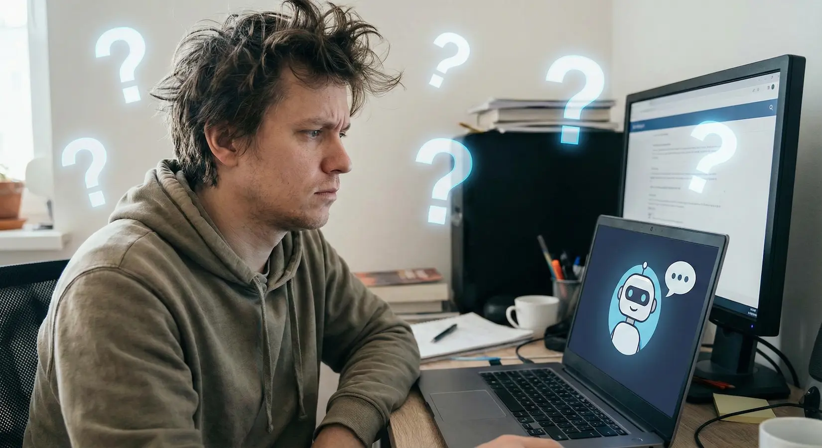 Confused office worker looking at AI chatbot on laptop screen with question marks floating around, illustrating the AI skills gap in the workplace