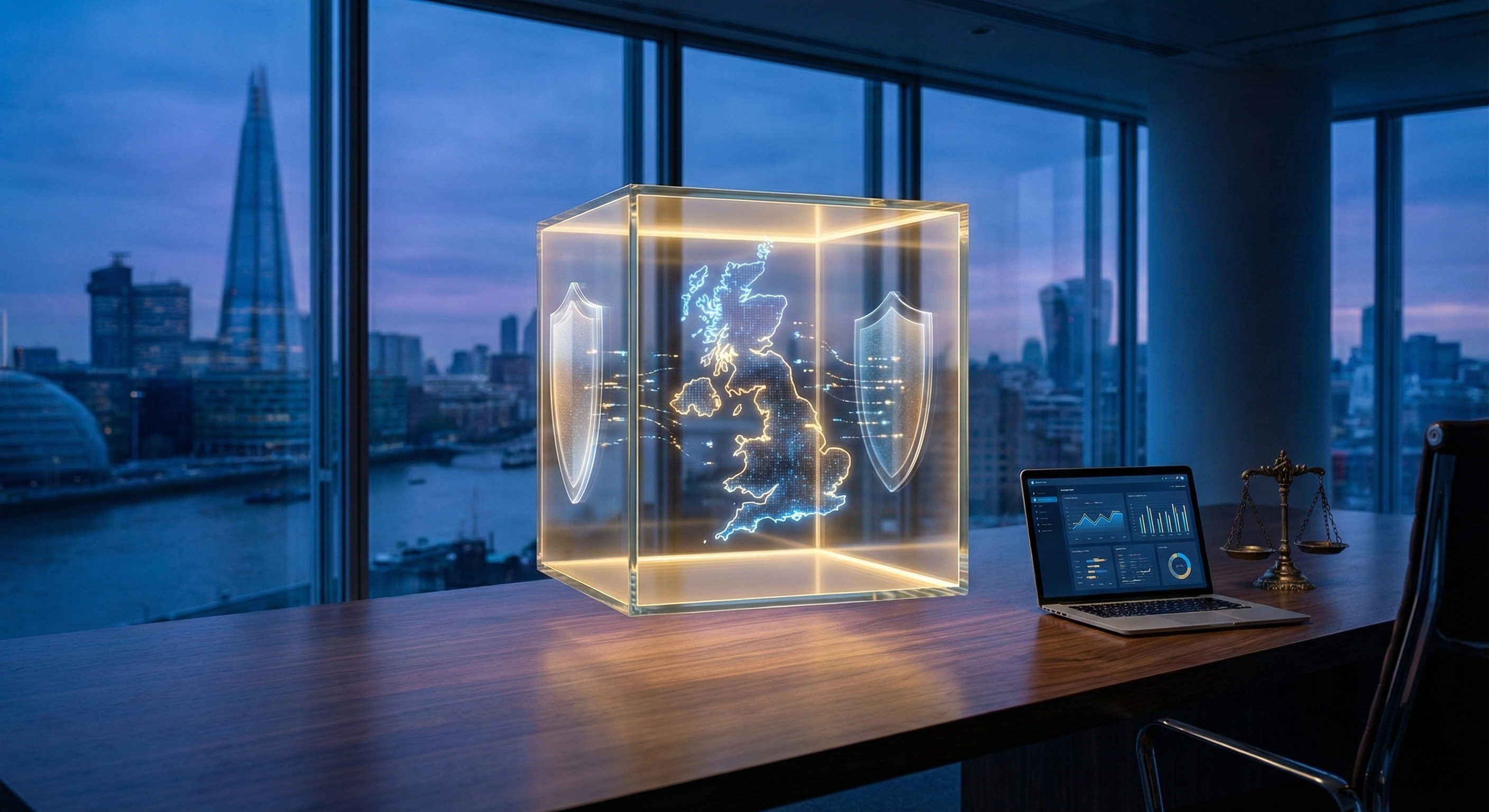 A glowing transparent cube containing a digital map of the UK with data flow lines, positioned on a desk in a London office overlooking the Thames at dusk, with a laptop and scales of justice nearby