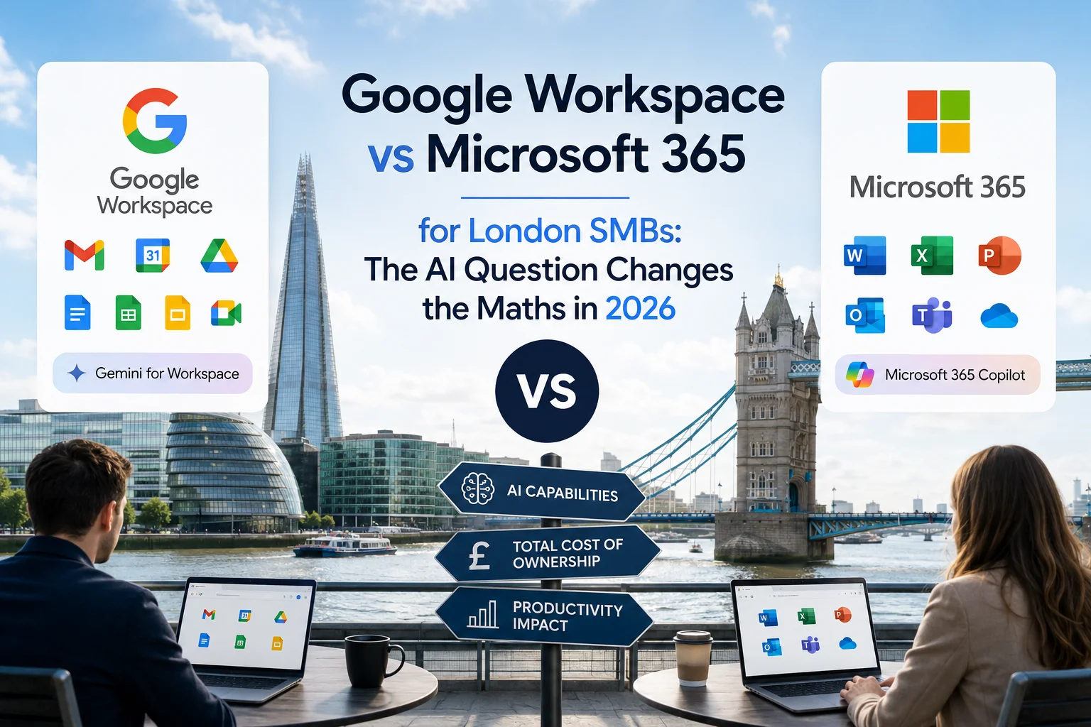 A London SMB operations manager comparing Google Workspace and Microsoft 365 renewal quotes with AI add-on pricing in 2026