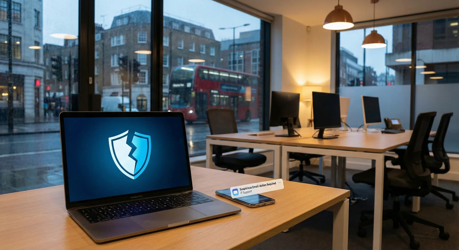 Laptop displaying a cracked shield security icon in a London office, with a smartphone showing a suspicious email alert from IT Support