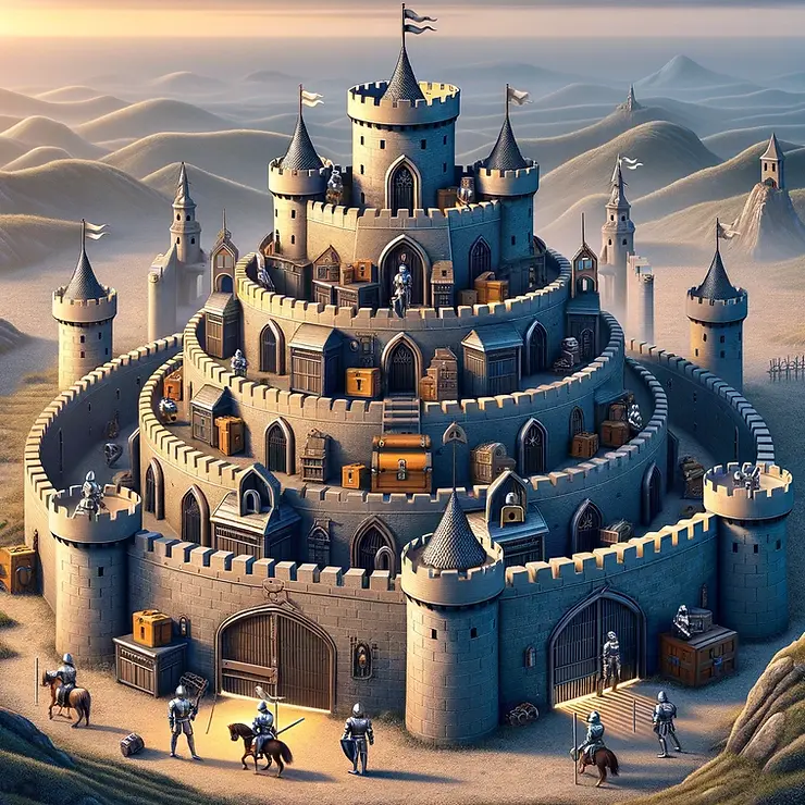 A conceptualisation of the Principle of Least Privilege in cybersecurity through a medieval castle scenario, where access control is visually depicted through gates and keys, emphasising selective access based on roles.